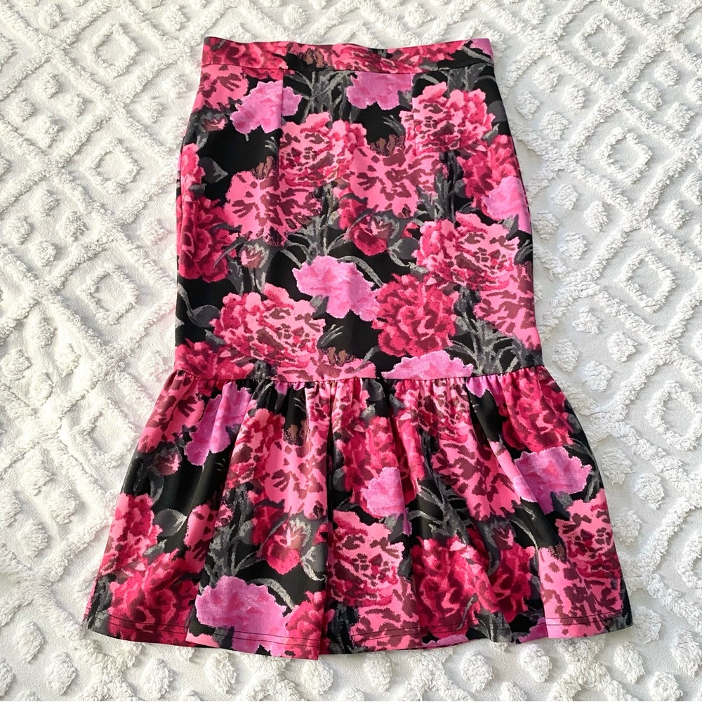 ASOS Pink & Black Floral Skirt with Peplum Hem